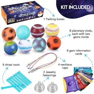 Discover 16 unique gems and 8 planets in this STEM educational kit, perfect for budding explorers interested in space and geology.