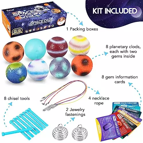 Discover 16 unique gems and 8 planets in this STEM educational kit, perfect for budding explorers interested in space and geology.