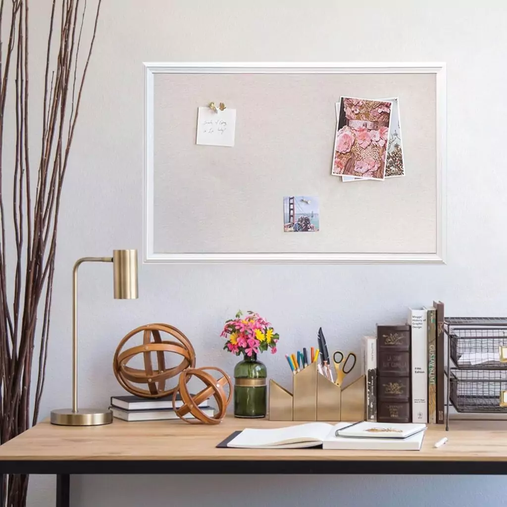 Rustic farmhouse linen message board with a white wooden frame, perfect for enhancing classroom decor and creating an inviting atmosphere.