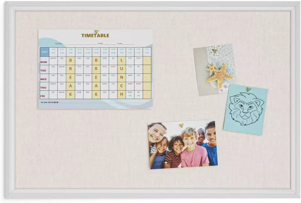 Enhance your classroom decor with the U Brands Farmhouse Linen Message Board, 30x20, featuring a rustic white frame and push pins for teachers.