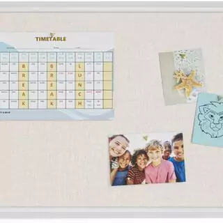 Enhance your classroom decor with the U Brands Farmhouse Linen Message Board, 30x20, featuring a rustic white frame and push pins for teachers.