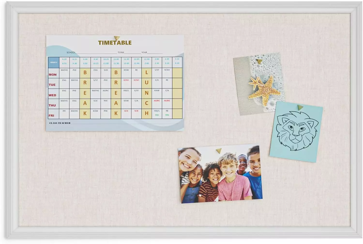 Enhance your classroom decor with the U Brands Farmhouse Linen Message Board, 30x20, featuring a rustic white frame and push pins for teachers.