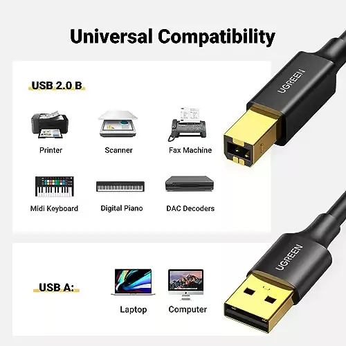Efficient USB A to B Printer Cable for HP, Canon, Brother, Epson - Perfect for Educators Seeking Reliable, High-Speed Connections