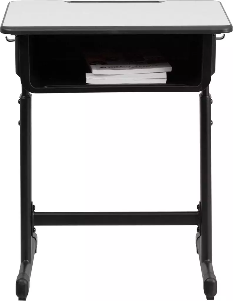 Height adjustable student desk ideal for both classroom and remote learning, promoting comfort and adaptability for diverse educational environments.