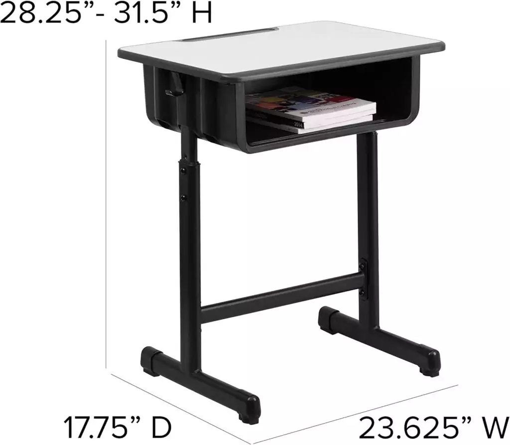 Height-adjustable student desk designed for both classroom and remote learning, featuring an educator-friendly setup for enhanced flexibility and comfort.