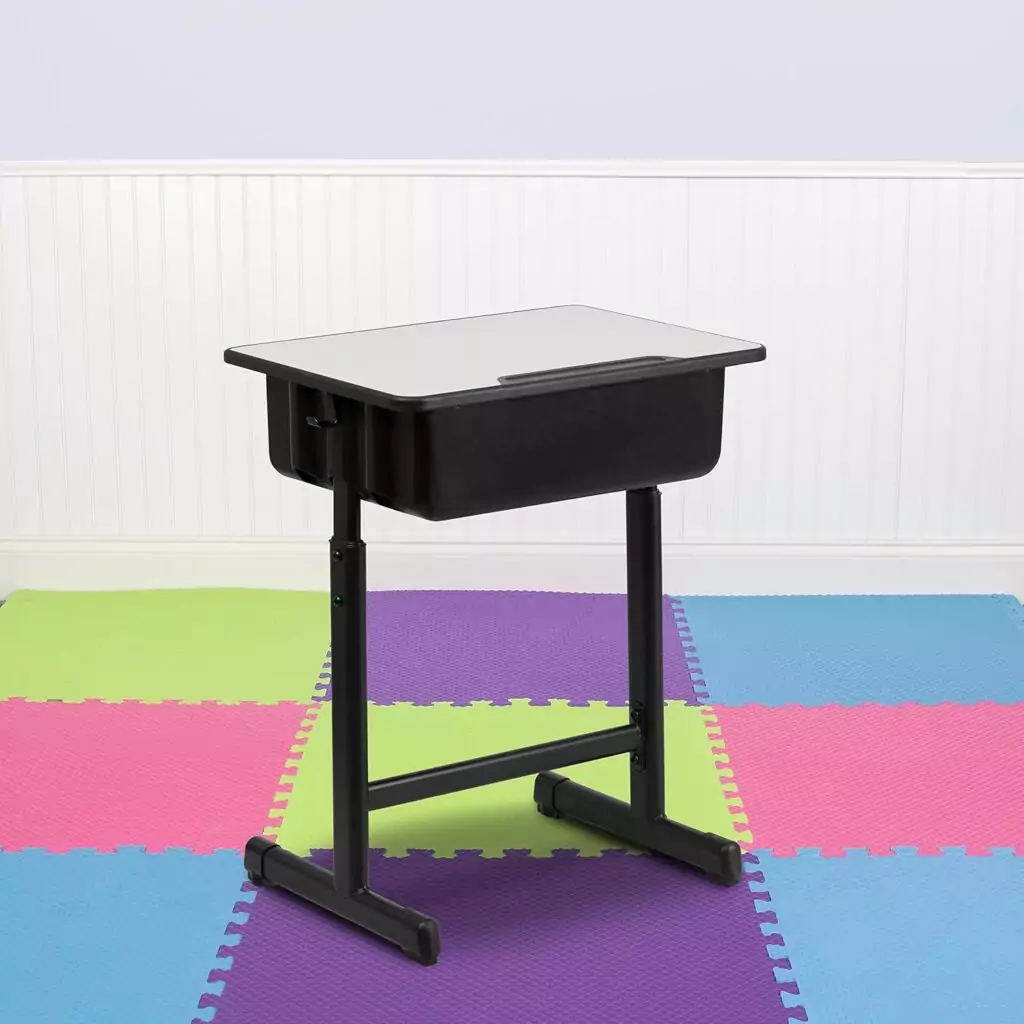 Height-adjustable student desk designed for both classroom and remote learning, promoting ergonomic posture and adaptability in study environments.
