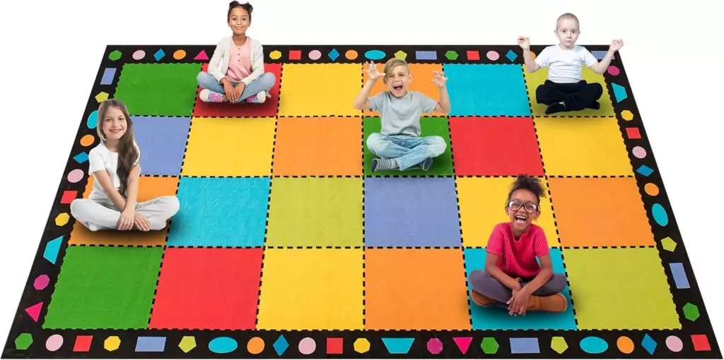 Colorful 7.5x13ft Classroom Rug for Interactive Lessons, Enhancing Student Engagement and Comfort with Educational Seating Design.