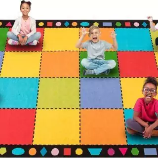 Colorful 7.5x13ft Classroom Rug for Interactive Lessons, Enhancing Student Engagement and Comfort with Educational Seating Design.