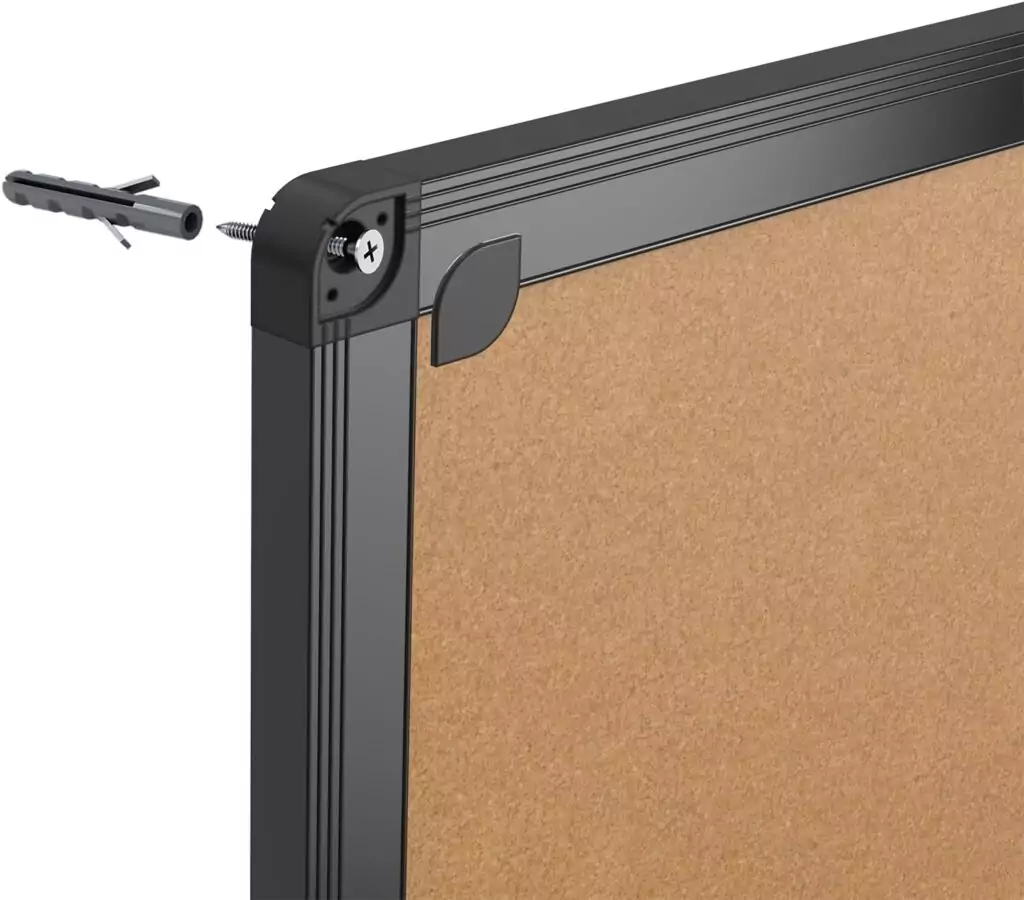 Educators bulletin board with a sleek black aluminum frame; 36x24 cork notice board ideal for classrooms and office spaces.