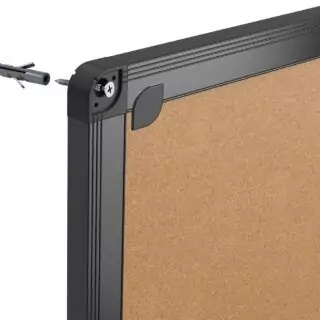 Educators bulletin board with a sleek black aluminum frame; 36x24 cork notice board ideal for classrooms and office spaces.