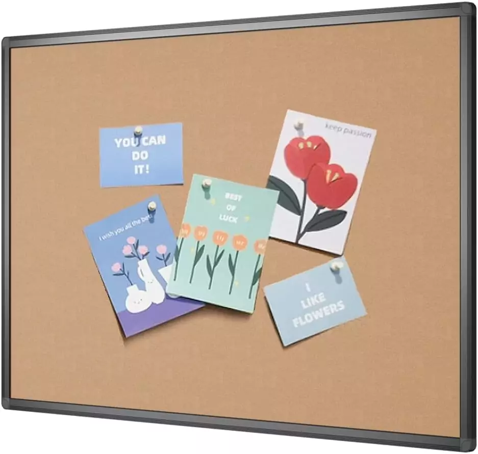 Cork notice board featuring a sleek black aluminum frame, perfect for educators seeking effective classroom displays and organization solutions.