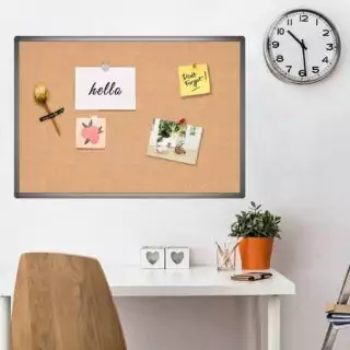 Cork bulletin board for educators measuring 36x24 inches, featuring a durable black aluminum frame, perfect for classroom or office display needs.