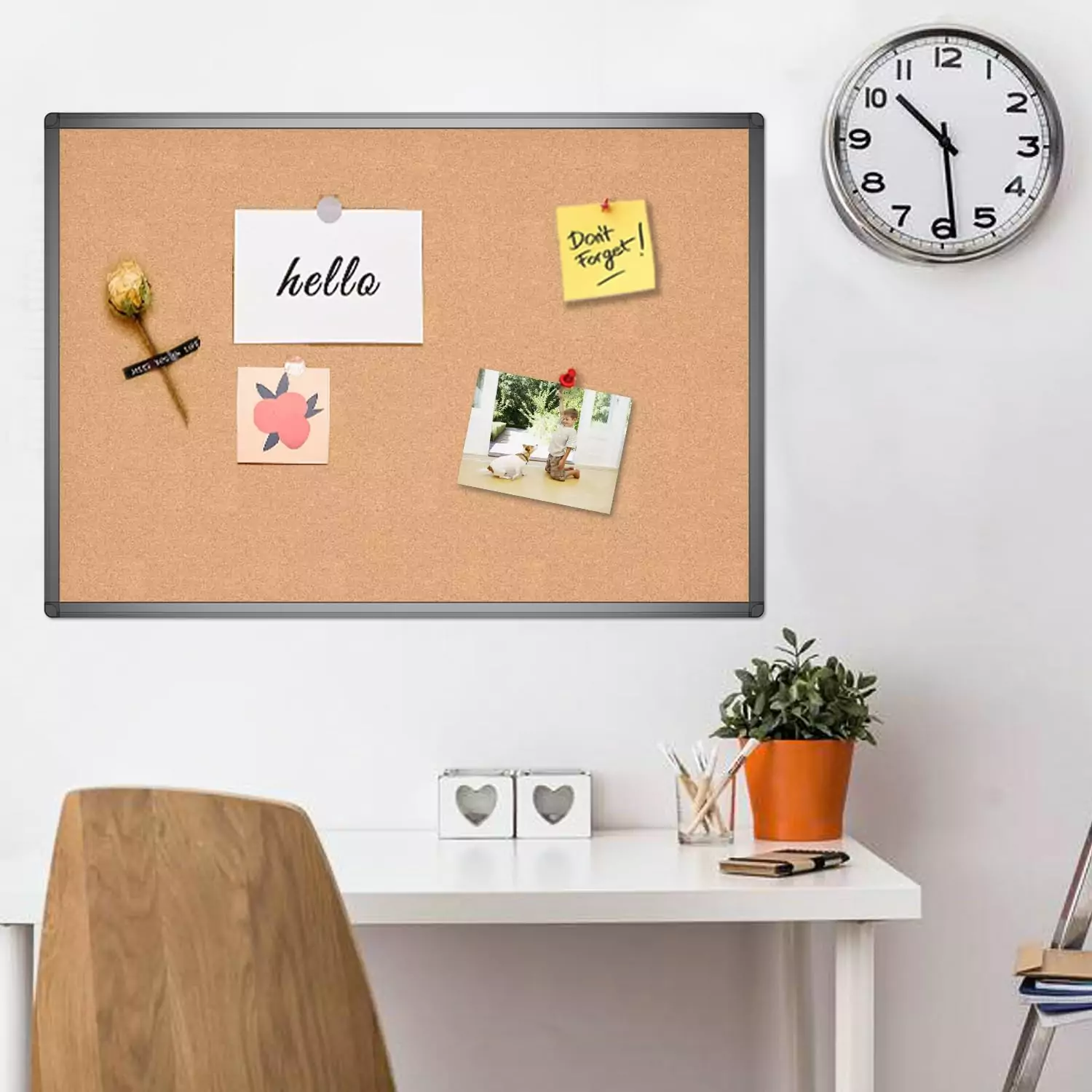 Cork bulletin board for educators measuring 36x24 inches, featuring a durable black aluminum frame, perfect for classroom or office display needs.