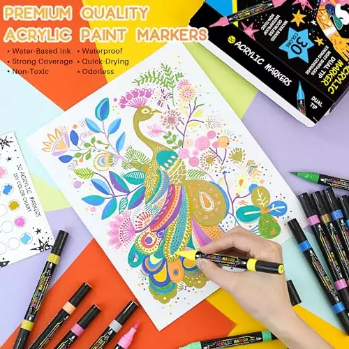 30 Color Dual Tip Acrylic Paint Pens Kit ideal for educators and artists, featuring versatile colors for creative projects and artistic expressions.