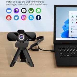 Enhanced 1080p HD Webcam: Ideal for Educators' Online Learning. Features built-in microphone and versatile adjustable tripod for seamless virtual teaching.