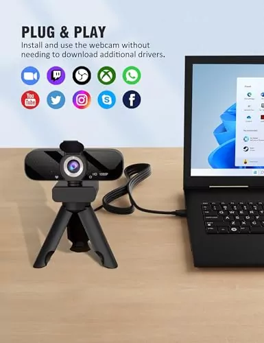Enhanced 1080p HD Webcam: Ideal for Educators' Online Learning. Features built-in microphone and versatile adjustable tripod for seamless virtual teaching.