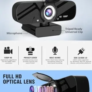 HD webcam with built-in microphone and adjustable tripod, designed for educators - enhance your online learning experience with this desktop setup.