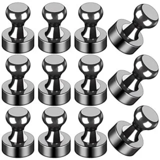Set of 12 black fridge magnets ideal for both classroom and office whiteboards, providing strong hold and versatile organization solutions.