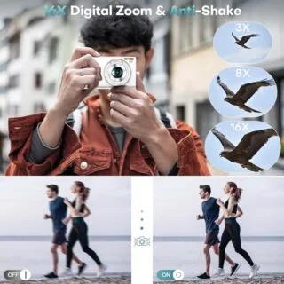 4K UHD vlogging camera with 48MP resolution and 16x zoom, includes 32GB card; ideal for educators and content creators seeking high-quality video.