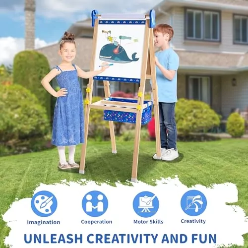 Adjustable Kids Art Easel with Chalkboard and Whiteboard, Ideal for Creative Learning and Math Activities, Perfect for Engaging Children's Imagination