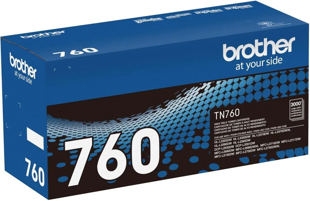 Brother TN760 High Yield Black Toner Cartridge compatible with MFC-L2710DW and MFC-L2750DW printers, perfect for educational settings and business use.