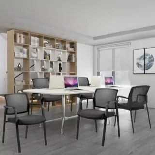 Classroom setup: Clatina mesh back stacking chairs with upholstered seats and lumbar support, optimizing comfort and modern aesthetics.