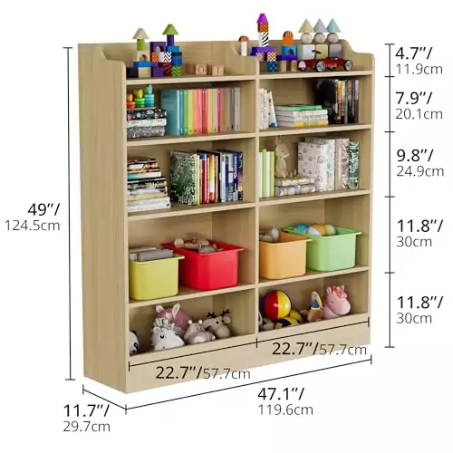 Optimize playroom organization with the Cozy Castle 5-tier children's bookshelf and 10-cube toy storage, perfect for keeping books and toys tidy.