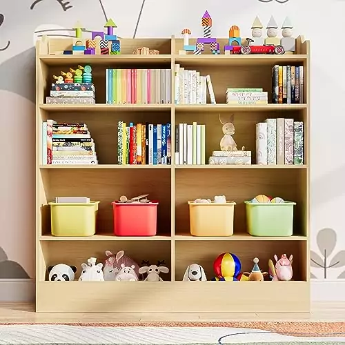 Discover the Cozy Castle 5-Tier Kids Bookshelf and 10-Cube Toy Storage Organizer, perfect for classrooms and playrooms to neatly arrange books and toys.
