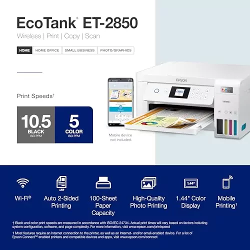Epson EcoTank ET-2850 is a sustainable wireless color printer ideal for educators, featuring efficient scanning and copying capabilities.