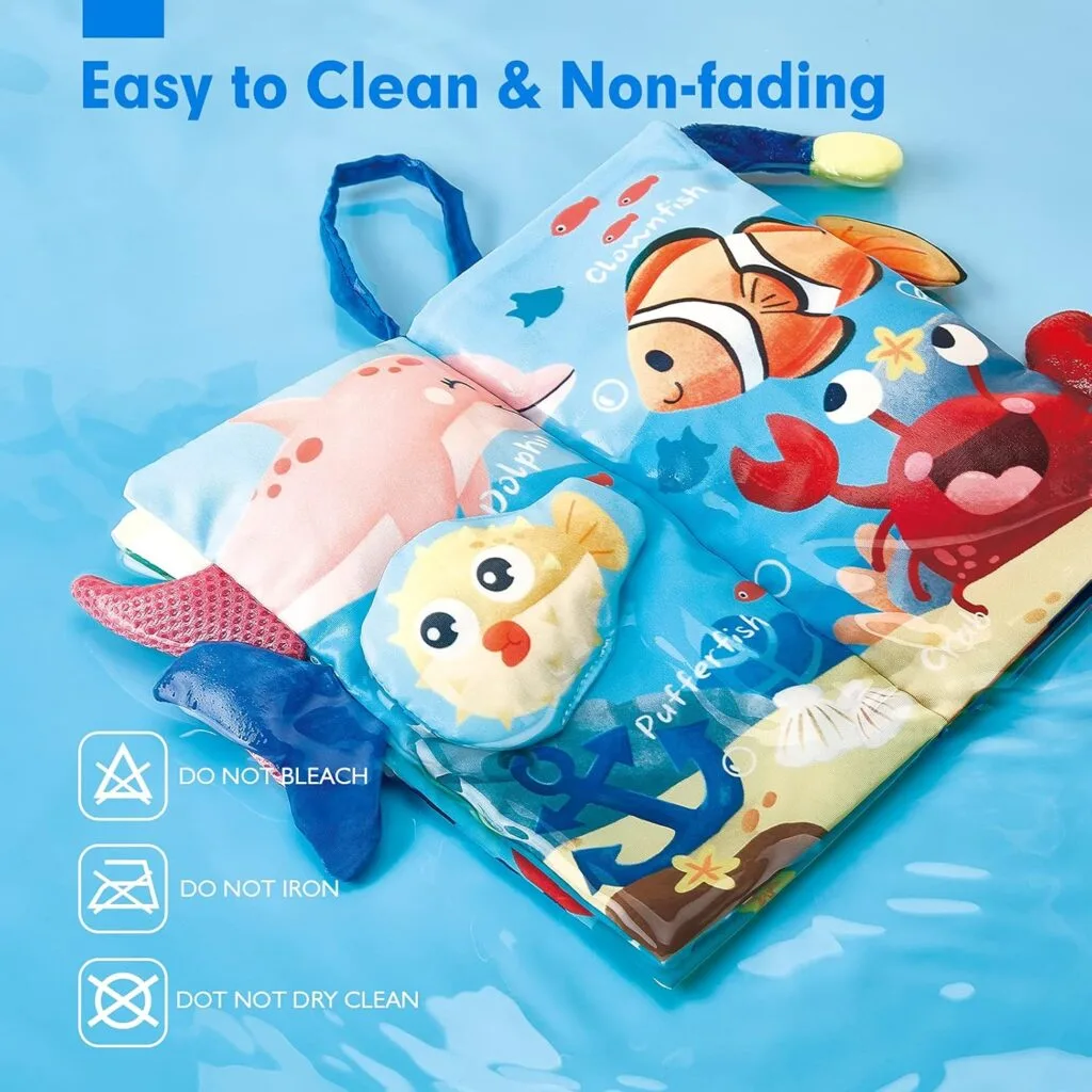 Colorful soft baby toys and crinkle books designed for early learning, ideal for infants aged 0-12 months, displayed on a vibrant blue background.