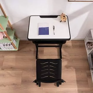 Height adjustable desk and chair set with a drawer for enhanced learning comfort in classrooms, promoting ergonomic support and organization for students.