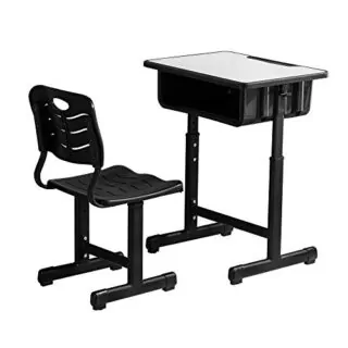 Height adjustable classroom desk and chair set with drawer for enhanced learning comfort, promoting ergonomic support in educational environments.