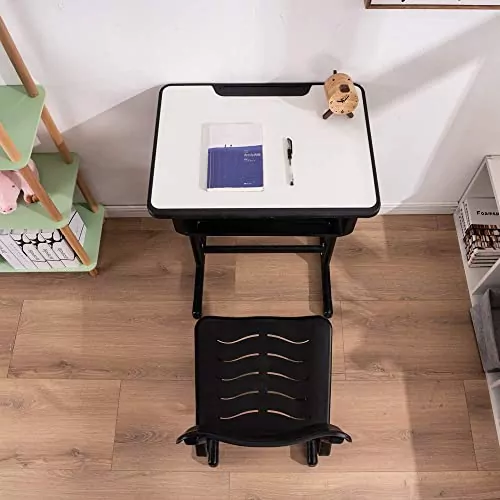 Height adjustable desk and chair set with a drawer for enhanced learning comfort in classrooms, promoting ergonomic support and organization for students.