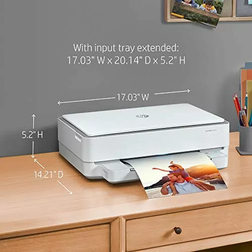 HP Envy 6055e wireless color printer ideal for education use, offering versatile functions like printing, scanning, and copying with easy mobile setup.