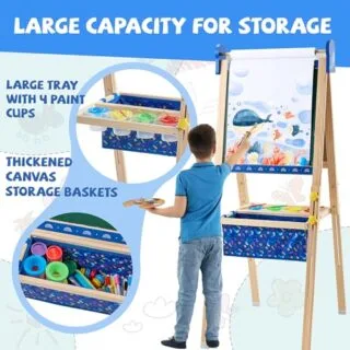 Adjustable kids art easel featuring a magnet chalkboard and whiteboard, ideal for fostering creative learning and engaging math activities.
