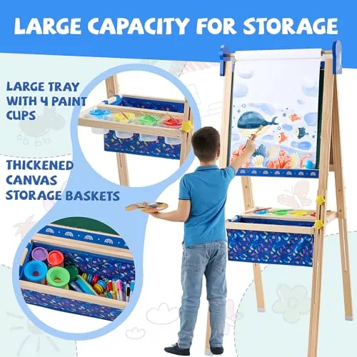Adjustable kids art easel featuring a magnet chalkboard and whiteboard, ideal for fostering creative learning and engaging math activities.
