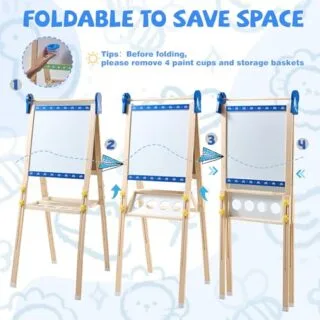 Adjustable kids art easel with magnetic chalkboard and whiteboard, perfect for enhancing children's creative math learning and artistic skills.