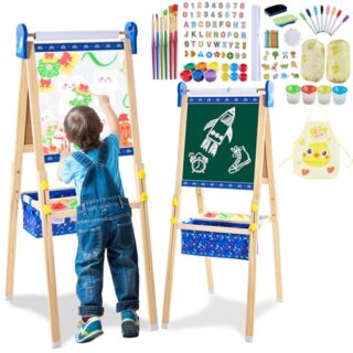 Kids Art Easel with Magnetic Chalkboard and Whiteboard, Ideal for Creative Play and Math Learning in Playrooms - Adjustable and Fun Design