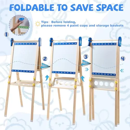 Adjustable kids art easel with magnetic chalkboard and whiteboard, perfect for enhancing children's creative math learning and artistic skills.