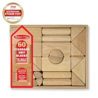 Enhance kids' learning with the Melissa & Doug 60-piece wooden building blocks set, complete with a storage tray for organized educational play.