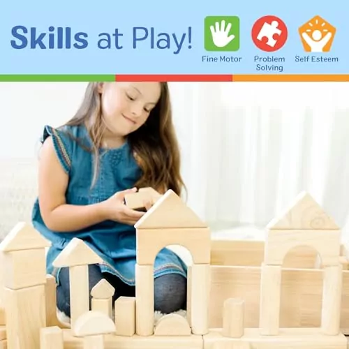 Melissa & Doug Wooden Building Blocks Set includes 60 pieces with a storage tray, perfect as an educational toy to enhance creativity and motor skills.