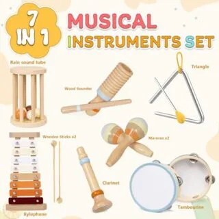 Montessori wooden musical instruments: interactive toddler toys designed to enhance early learning and development through music and play.