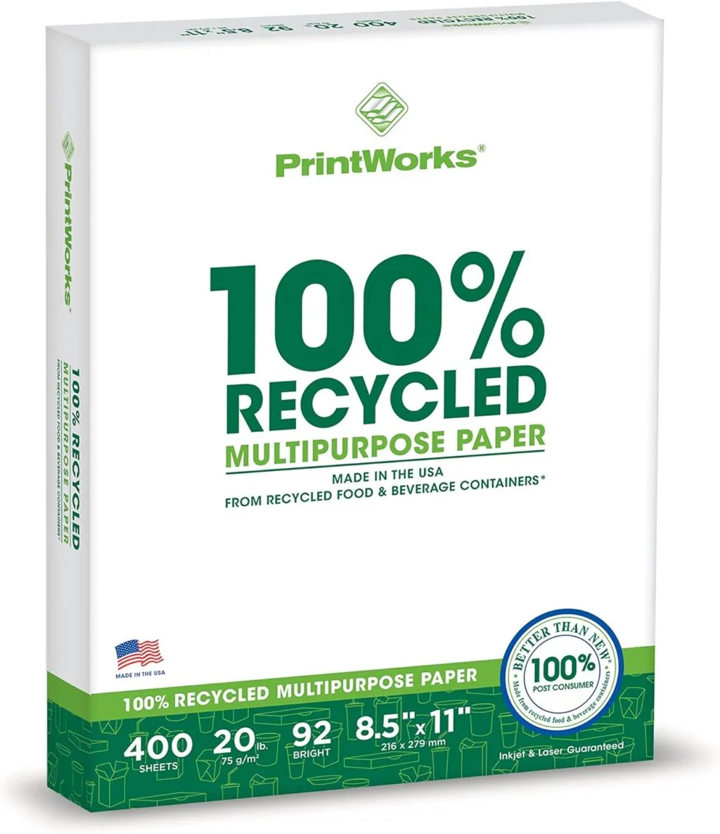 Eco-friendly recycled printer paper, perfect for educators. 8.5x11 size, 20lb weight, 92 brightness, includes 400 sheets, sustainable choice for schools.