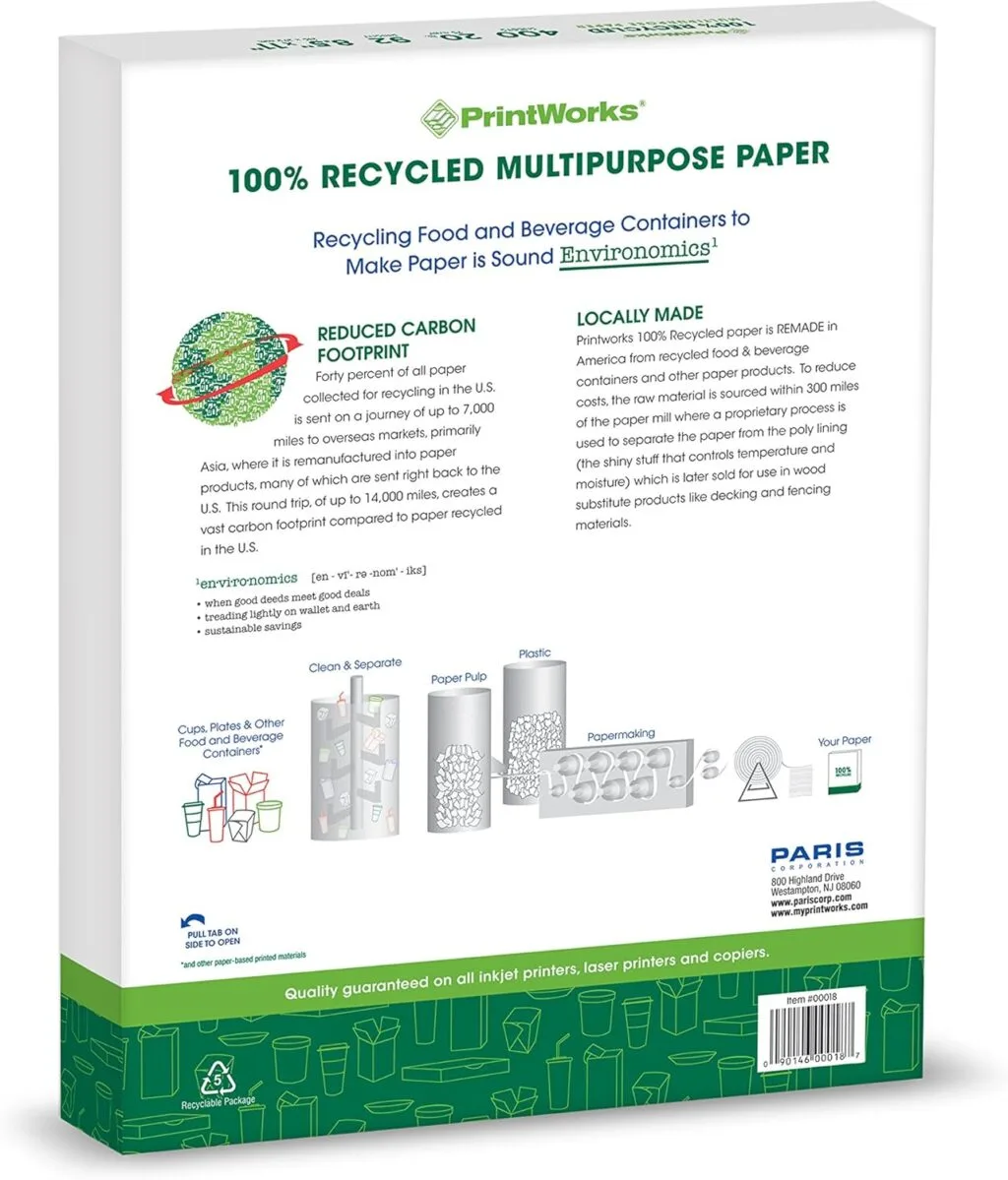 Eco-Friendly Printer Paper: 20lb 92 Bright, 400 Sheets. Ideal for environmentally-conscious educators seeking quality, recycled printing solutions.