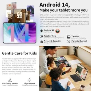 The Teclast T60 12-Inch Android 14 Tablet features 256GB storage, expandable to 1TB with a Unisoc T616 processor, making it ideal for classroom learning.