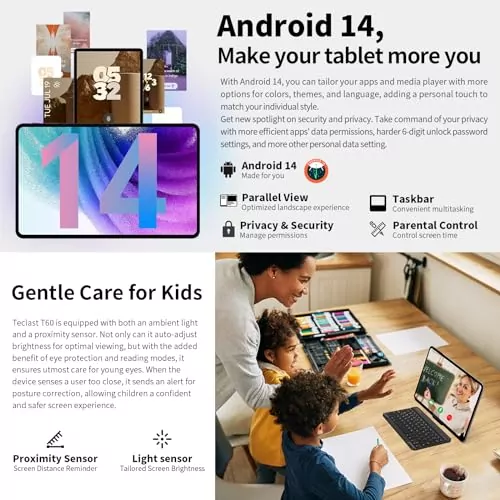 The Teclast T60 12-Inch Android 14 Tablet features 256GB storage, expandable to 1TB with a Unisoc T616 processor, making it ideal for classroom learning.
