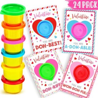 Valentine's Day playdough set for kids features 24 engaging cards and creative dough, perfect for fun and educational classroom activities.