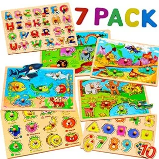 Engage toddlers in early learning with this 7-pack of colorful chunky wooden puzzles, designed to boost motor skills and cognitive development for ages 2-5.