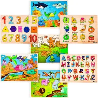 Colorful and Educational 7-Pack Wooden Peg Puzzles for Toddlers Ages 2-5, Promoting Learning, Shape Recognition, and Motor Skill Development