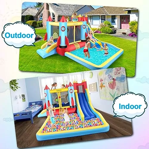 Akeydiy 13x12ft inflatable water slide bounce house features a thrilling rocket blast adventure playground for kids, ideal for summer outdoor fun.